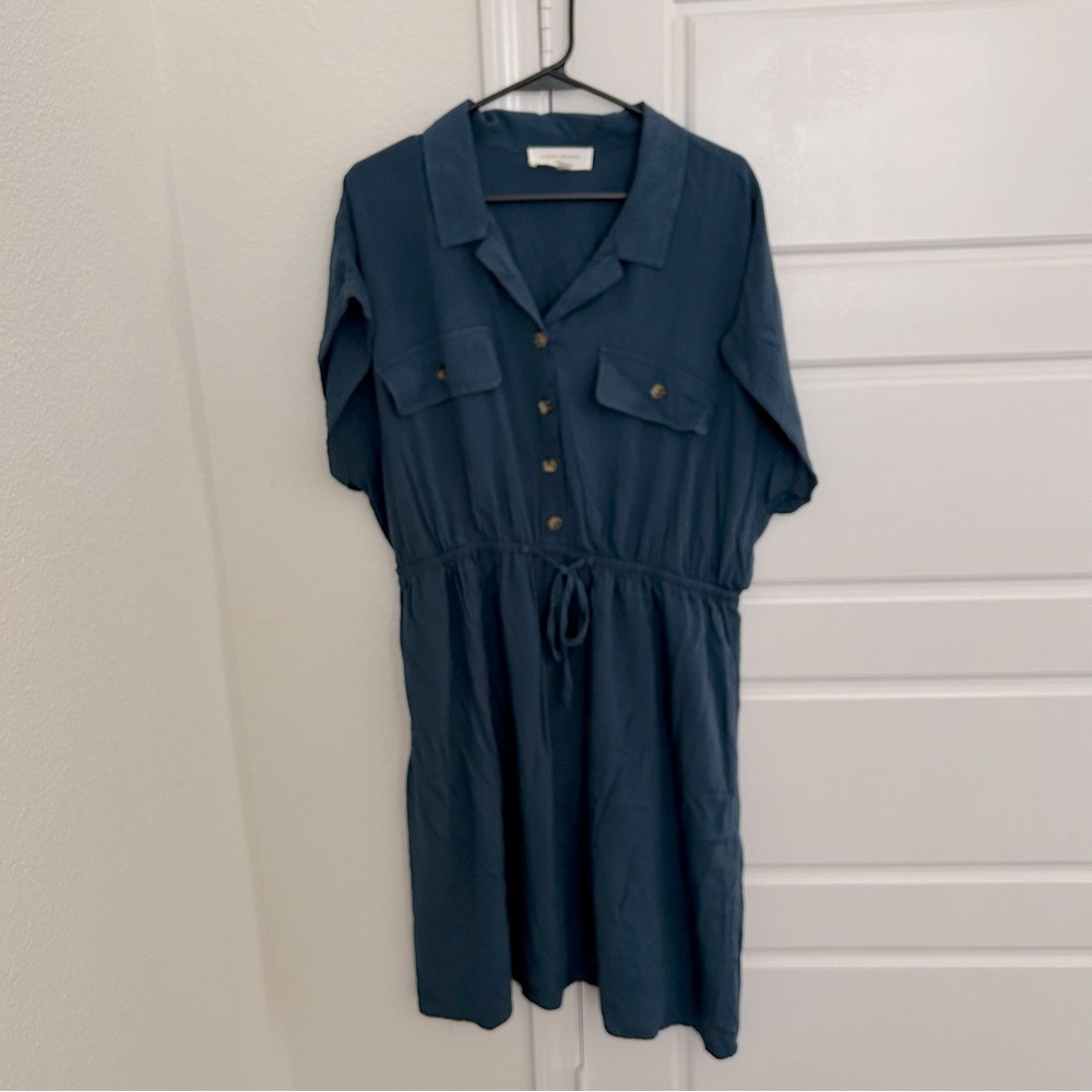 Lucky Brand Blue Button Front Drawstring Waist Dress